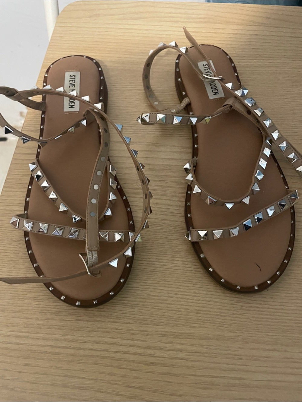 Steve Madden Tan Pyramid Stud Strappy Sandals